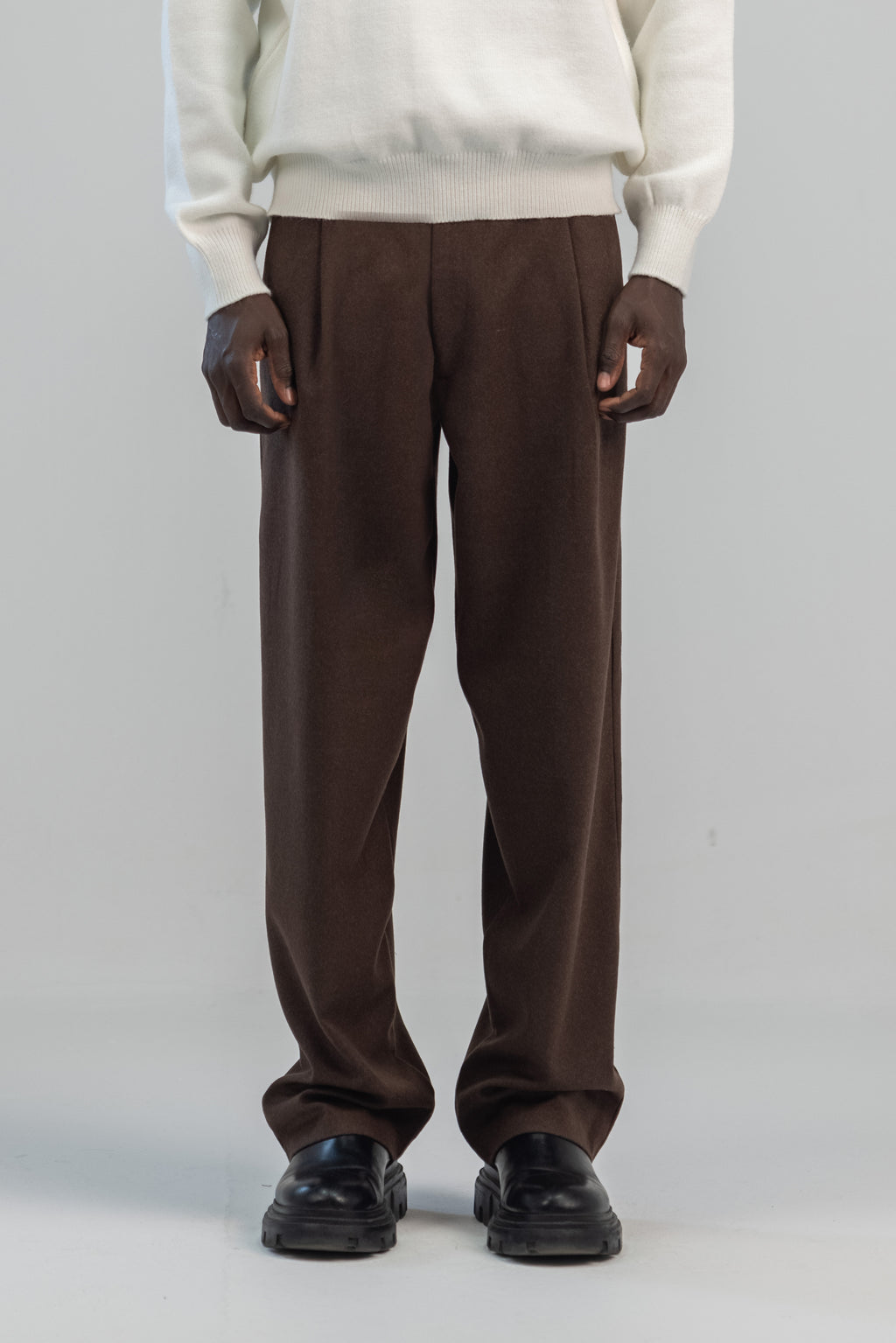 Brown wool wide leg pleated trousers