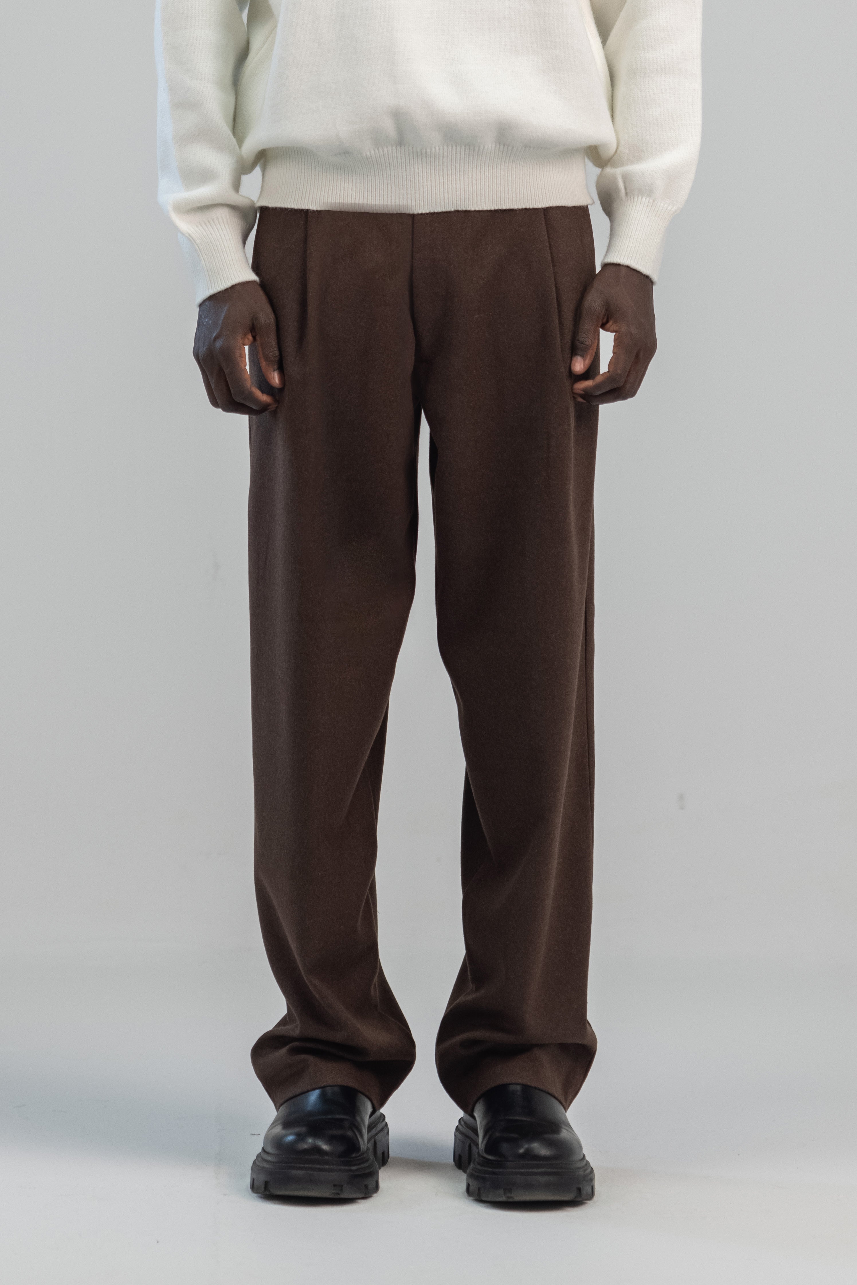 Brown wool wide leg pleated trousers