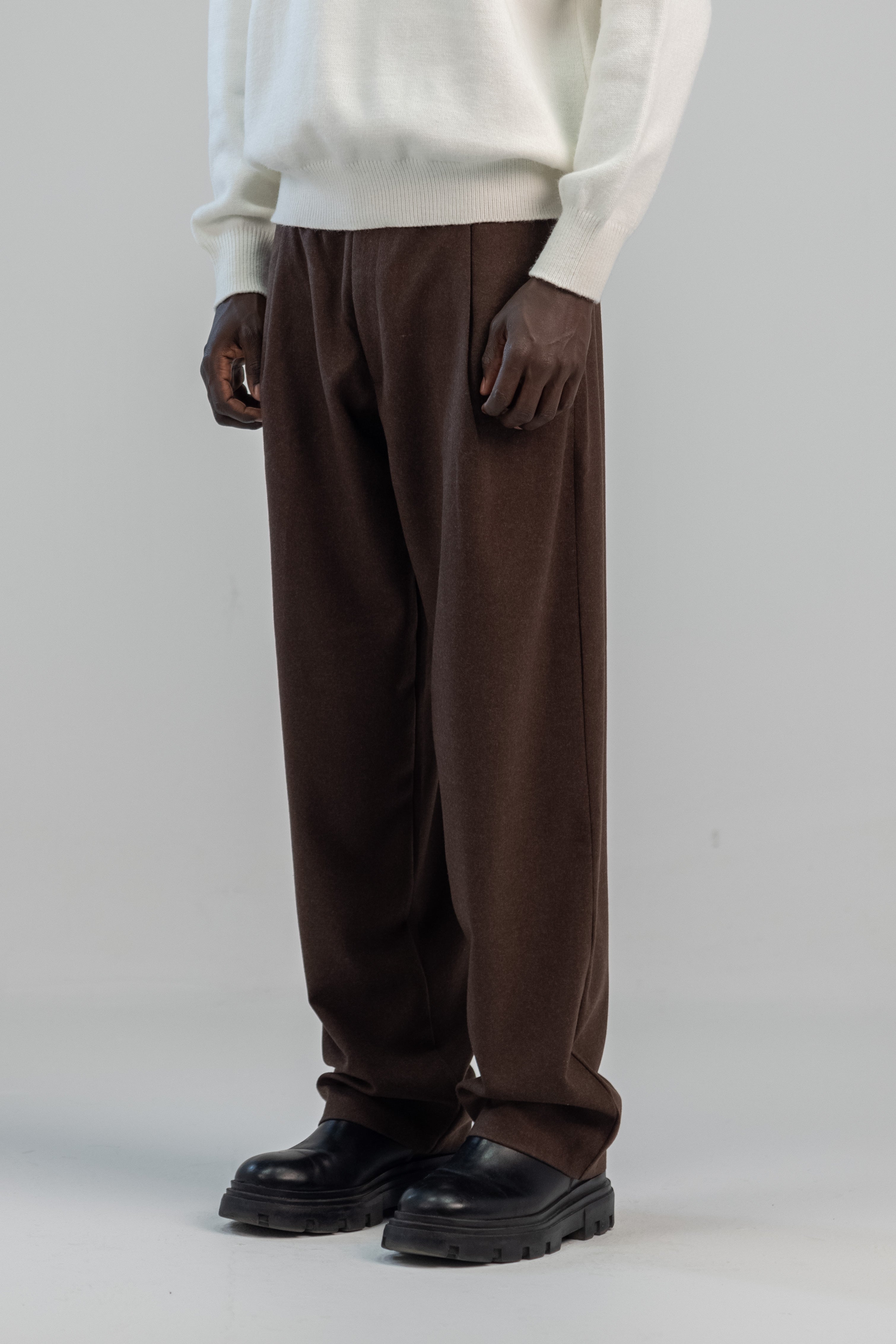 Brown wool wide leg pleated trousers