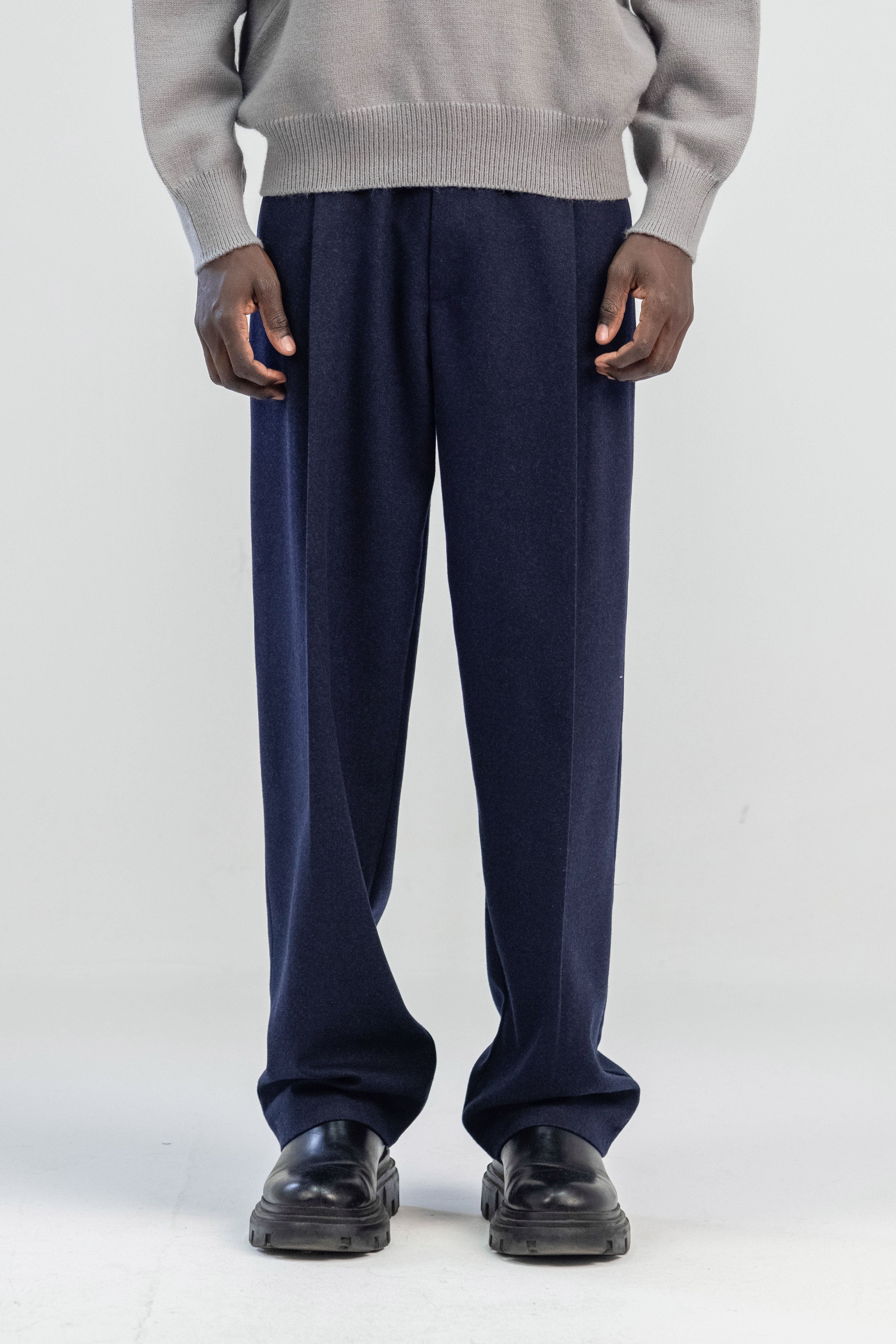 Navy wool wide leg pleated trousers