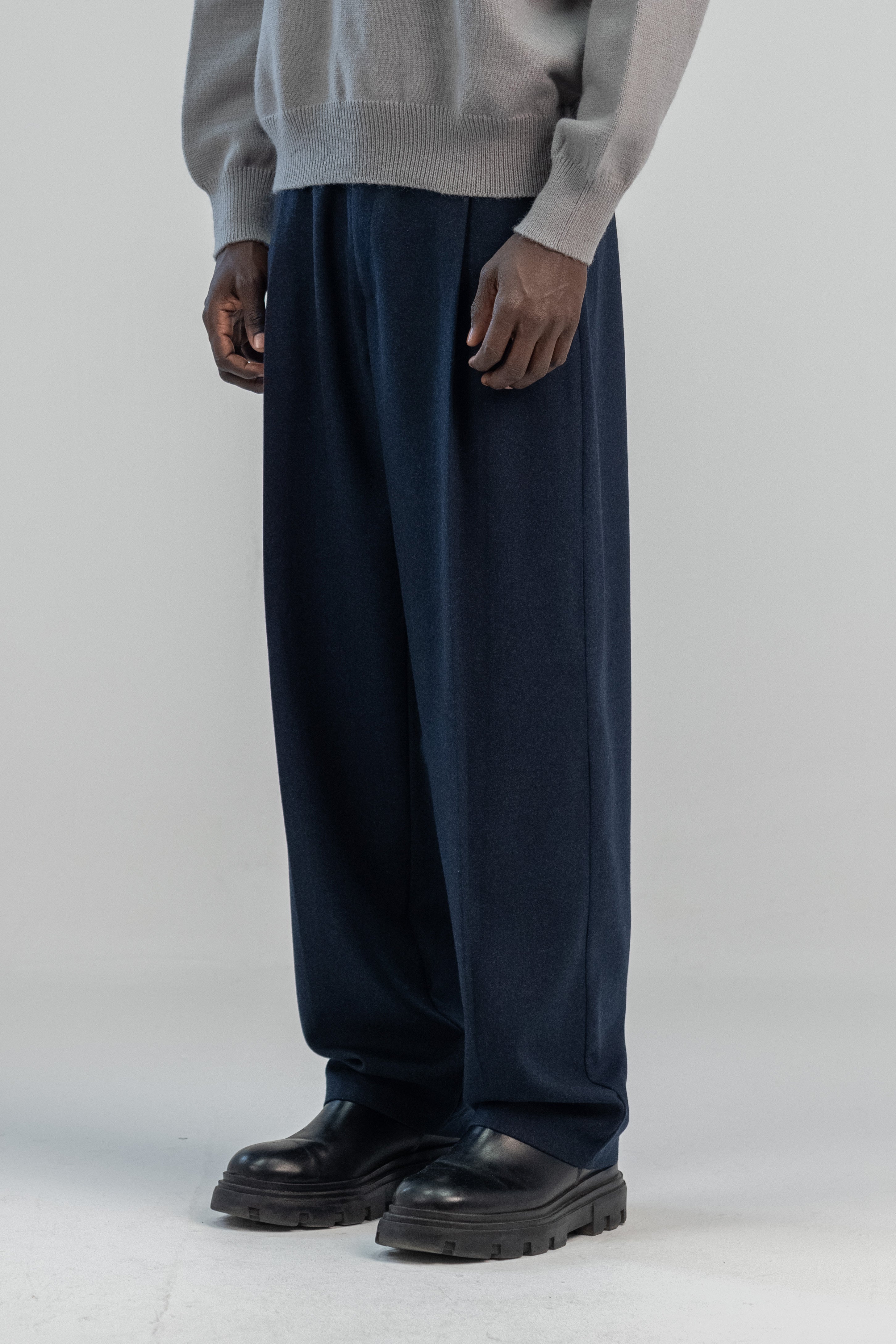 Navy wool wide leg pleated trousers