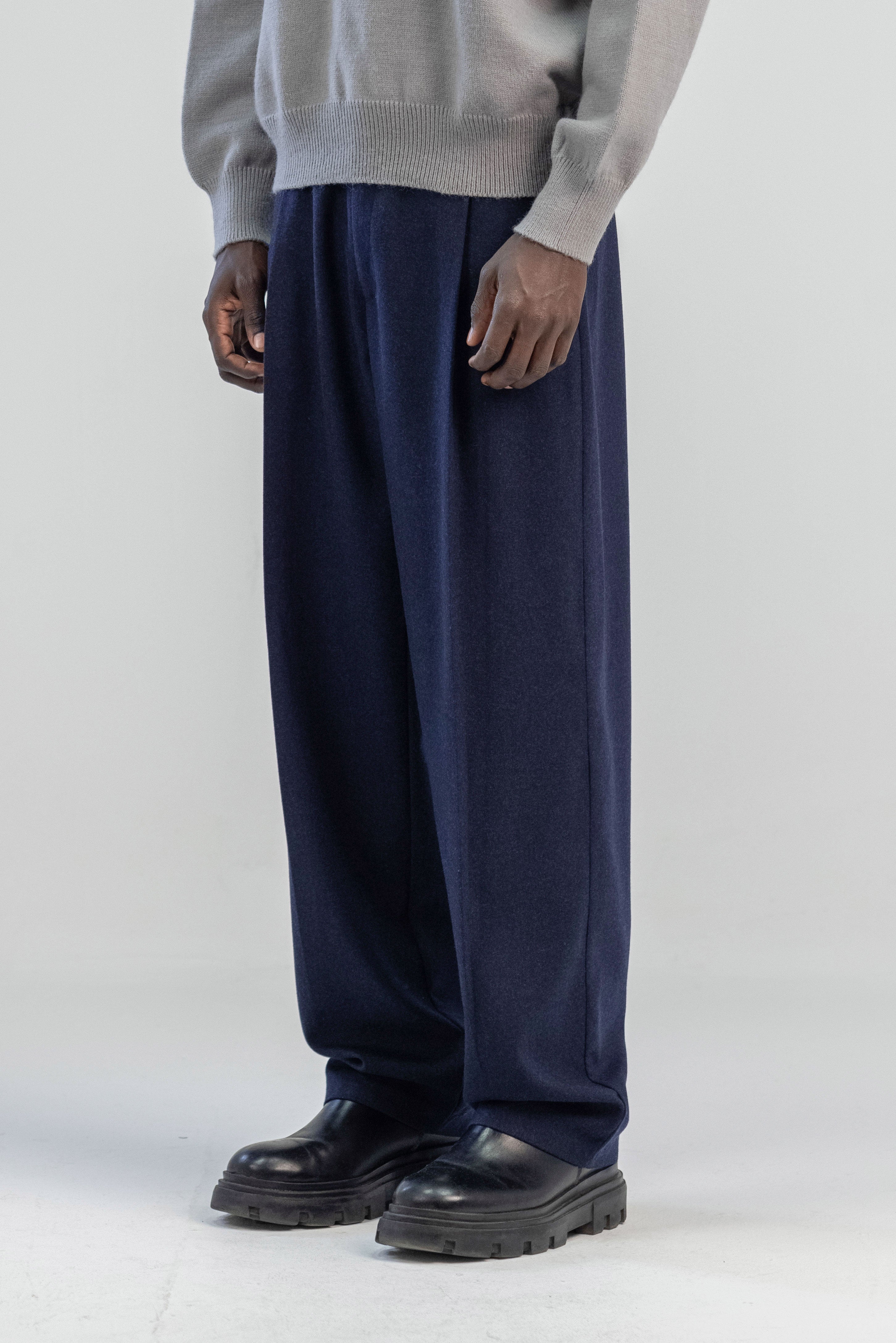 Navy wool wide leg pleated trousers