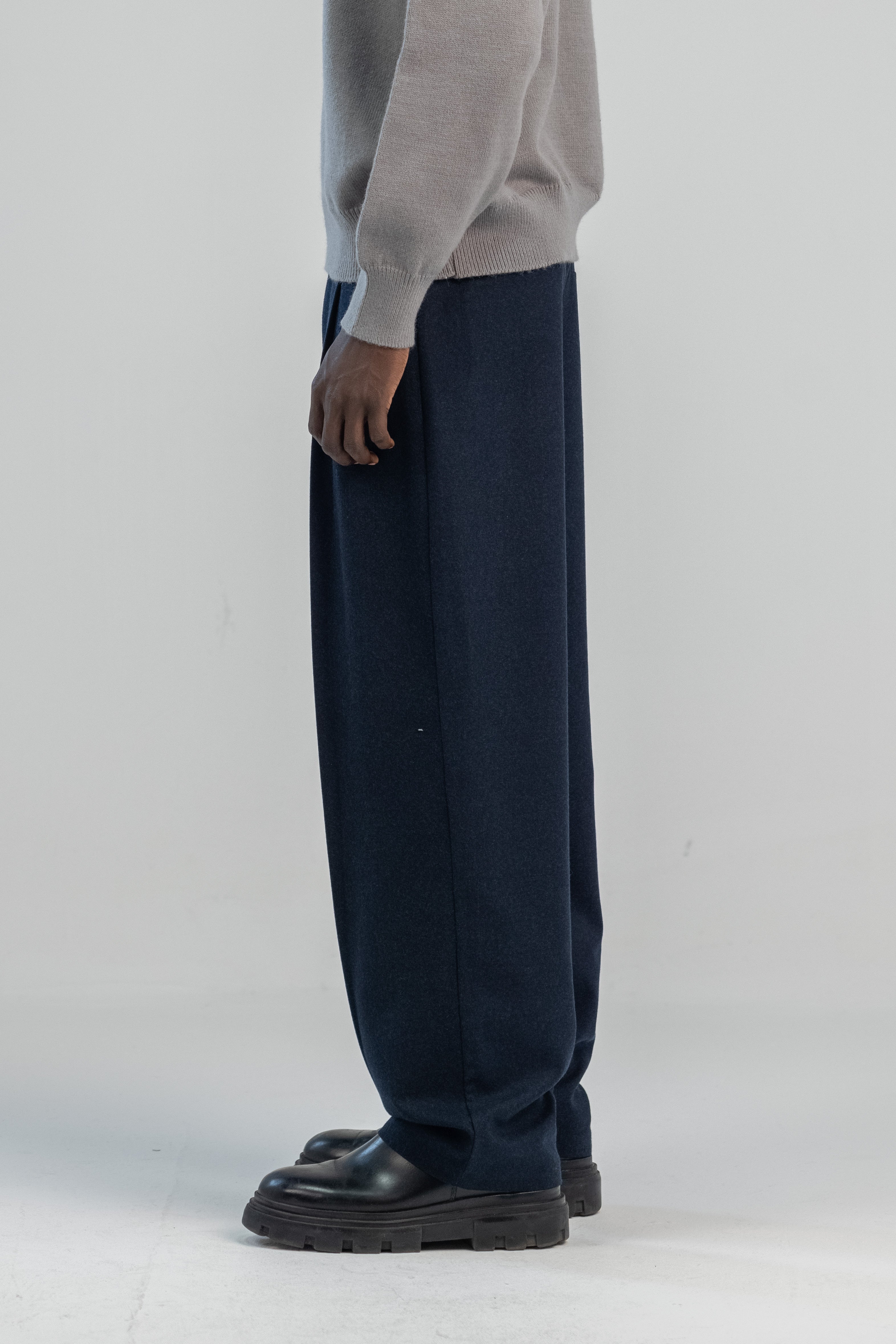 Navy wool wide leg pleated trousers