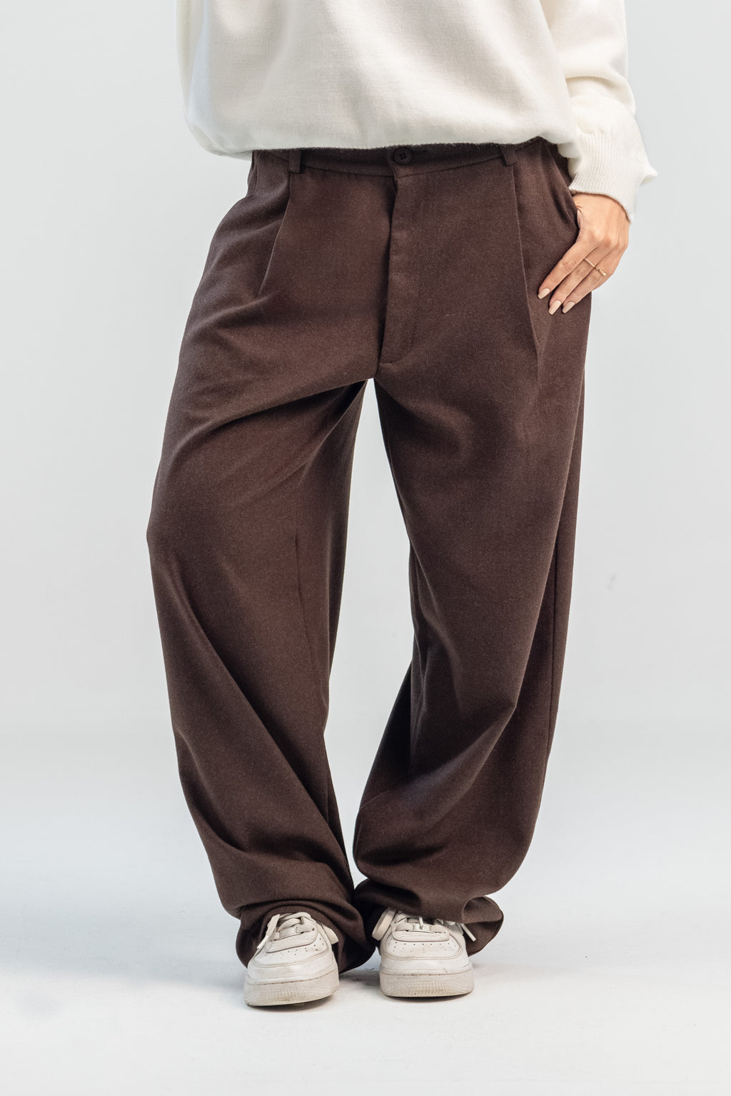 Brown wool wide leg pleated trousers