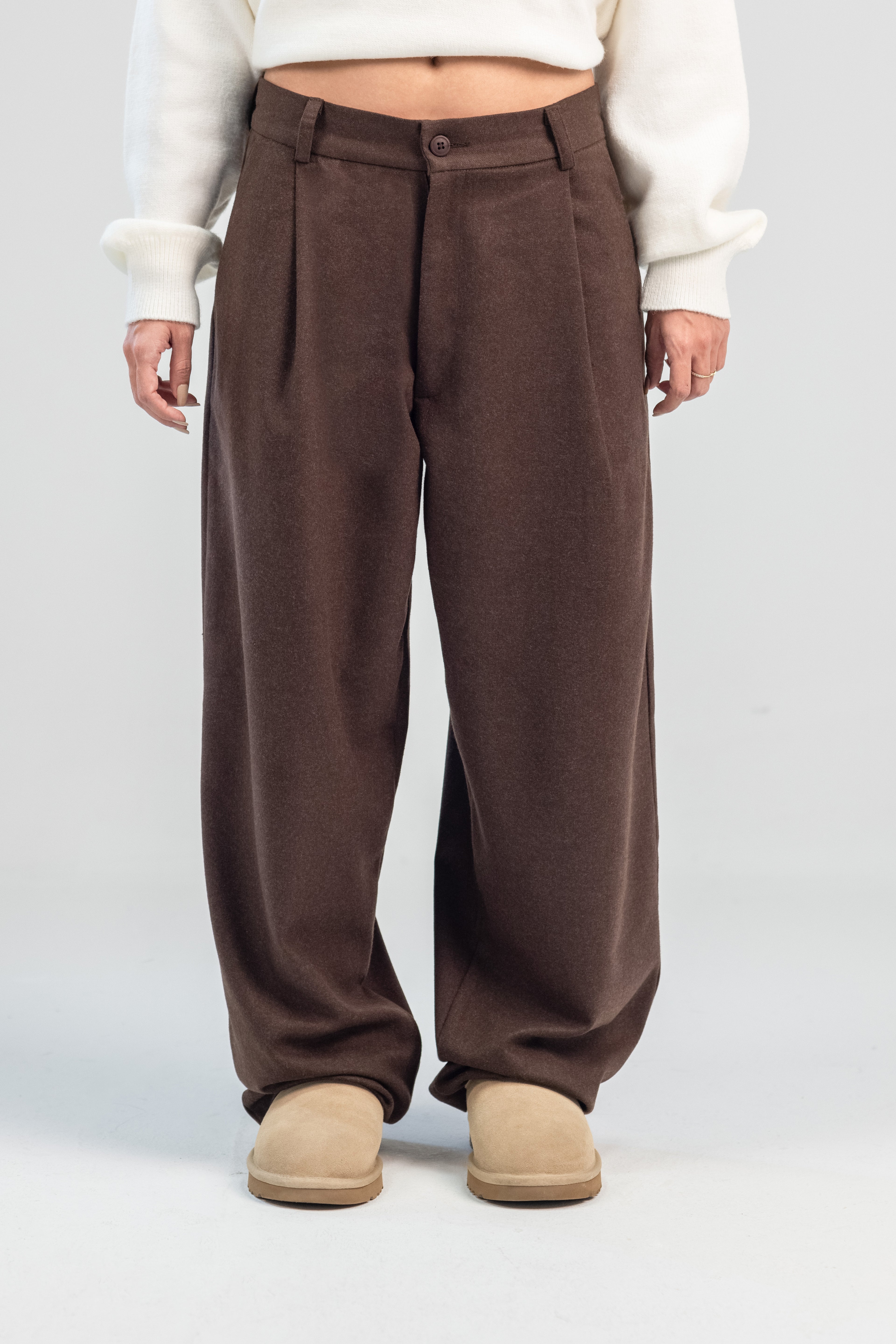 Brown wool wide leg pleated trousers