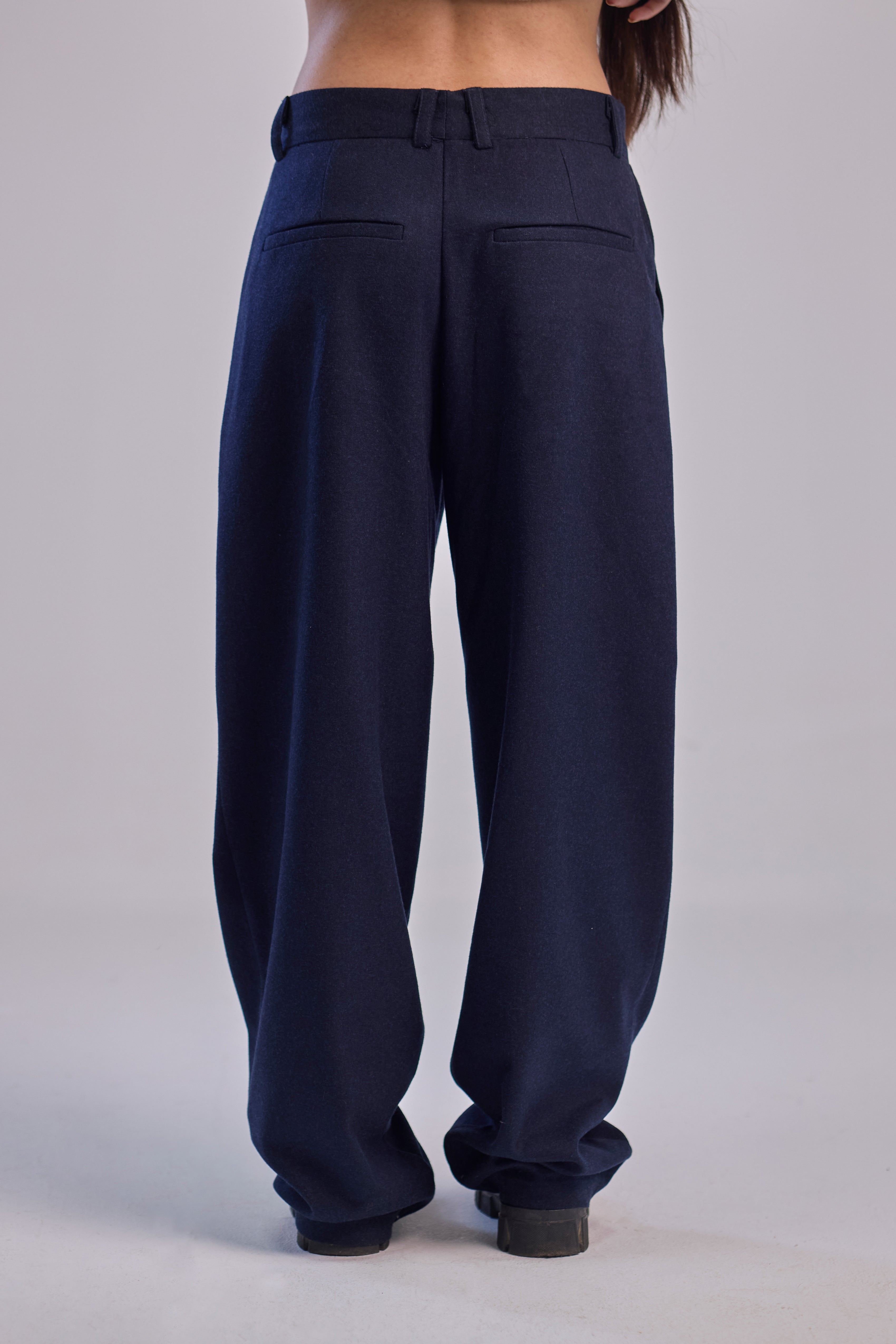 Navy wool wide leg pleated trousers