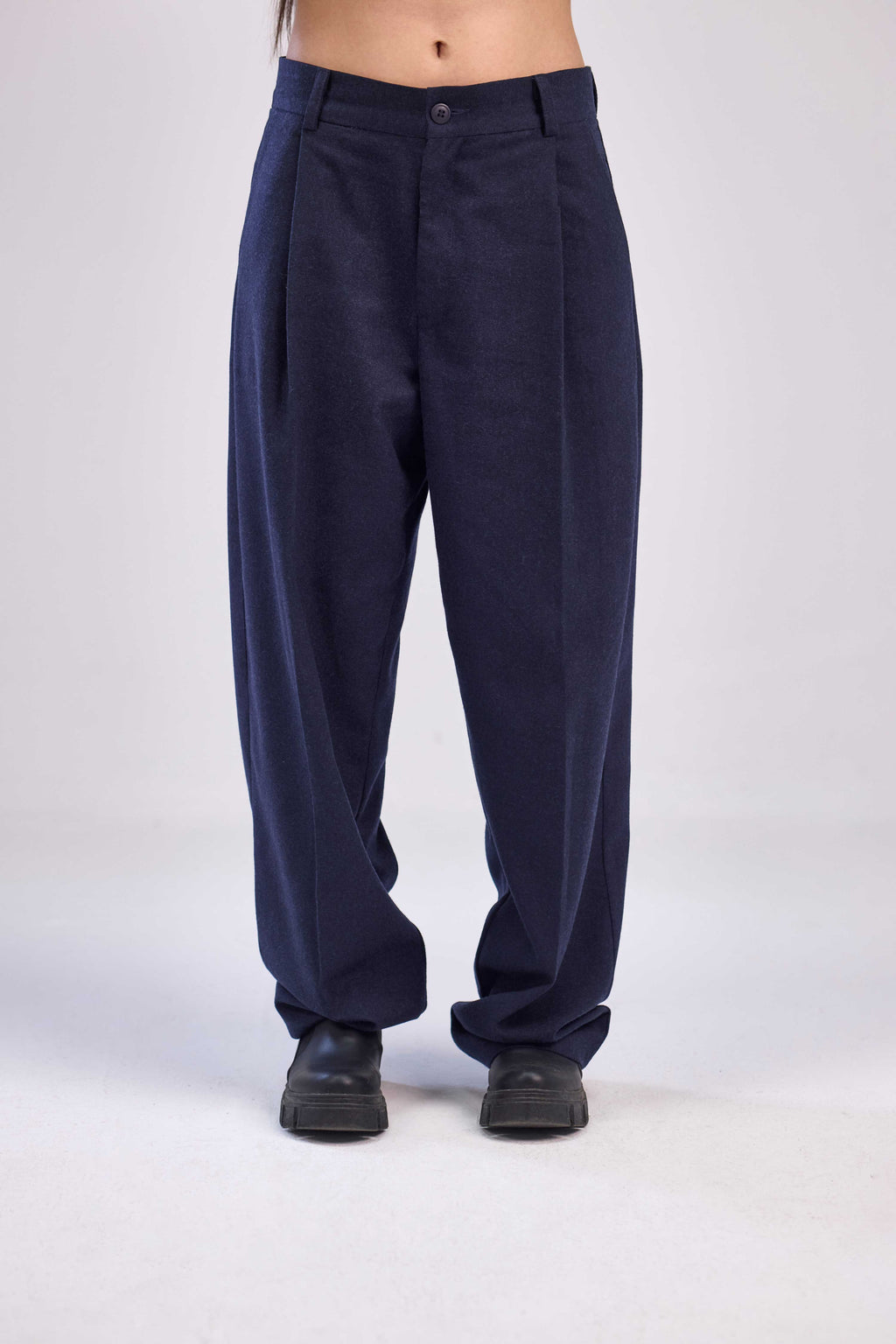 Navy wool wide leg pleated trousers