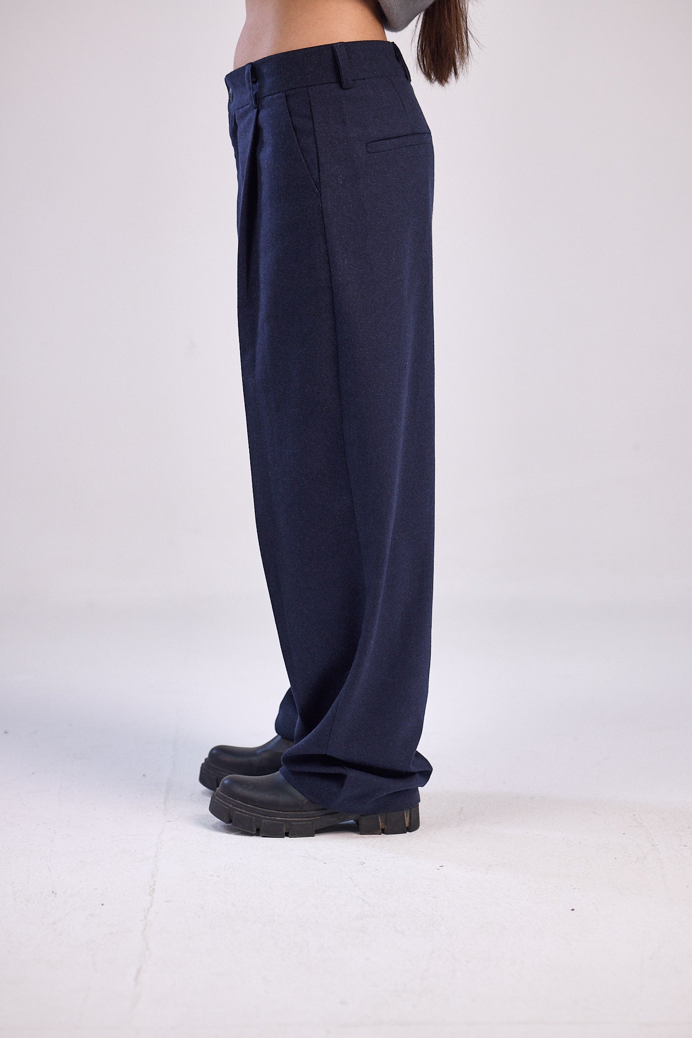 Navy wool wide leg pleated trousers