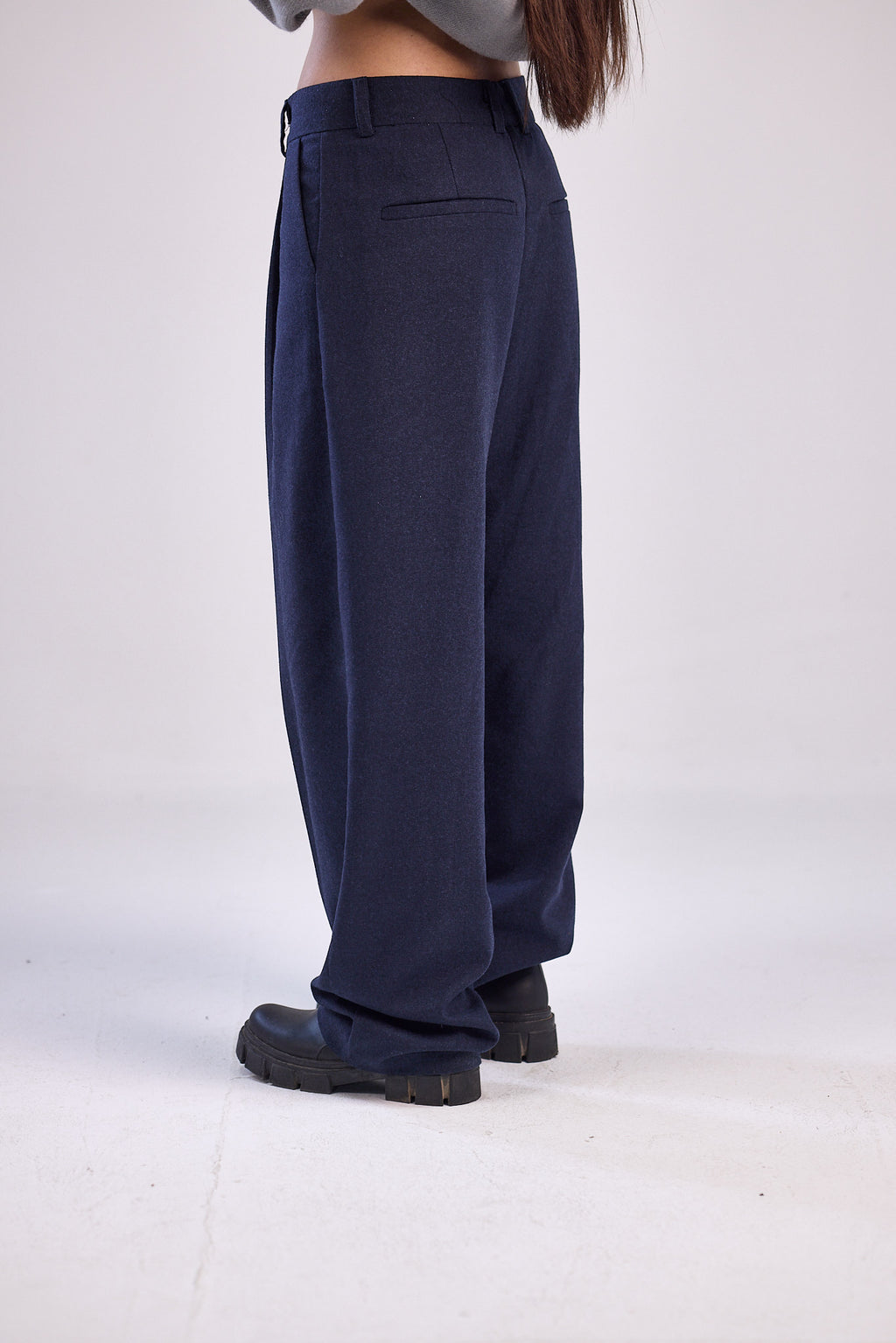 Navy wool wide leg pleated trousers