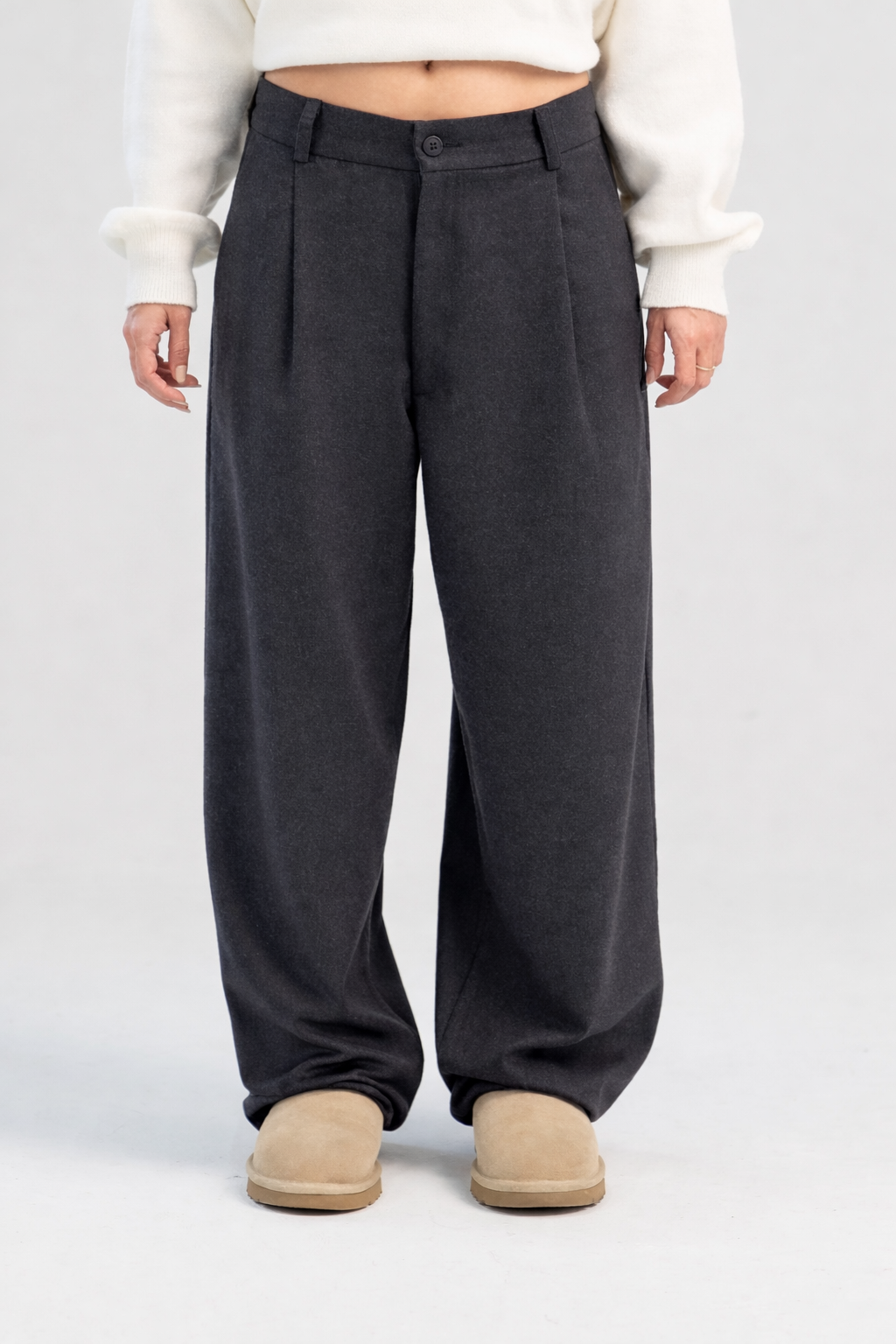 Dark Grey wool wide leg pleated trousers