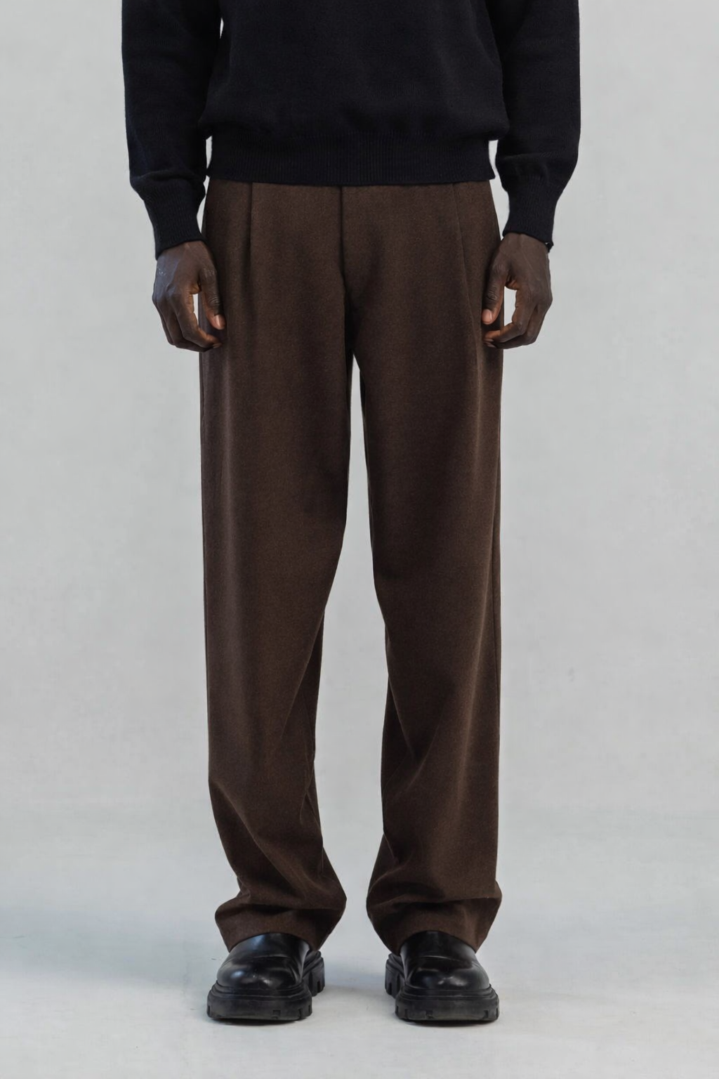 Brown wool wide leg pleated trousers