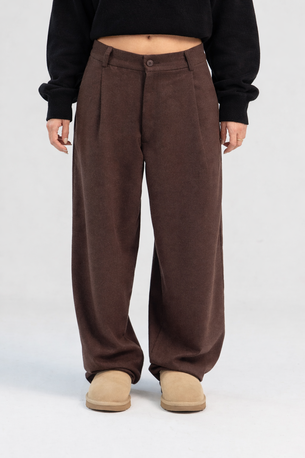 Brown wool wide leg pleated trousers