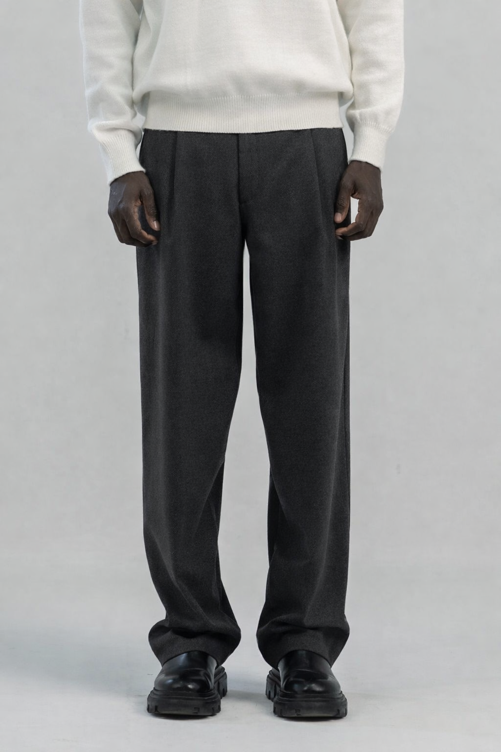 Dark Grey wool wide leg pleated trousers