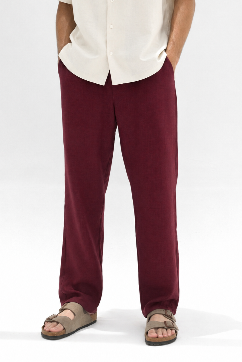 Burgundy men relaxed fit linen pants