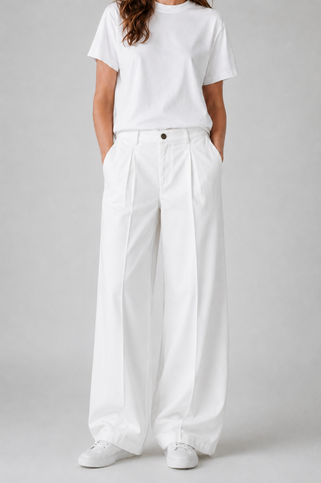 White pleated wide leg pants