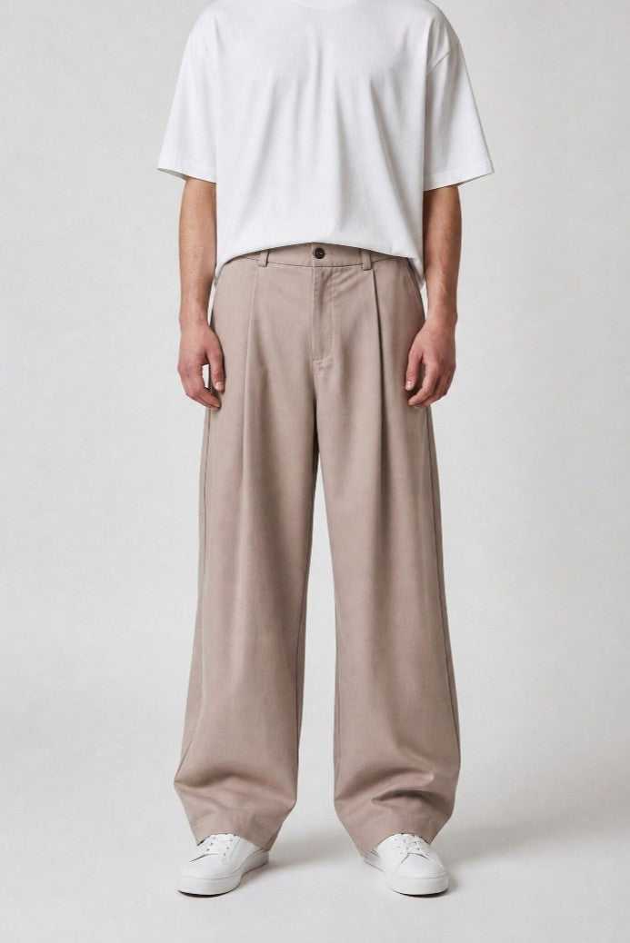 Beige pleated wide leg pants