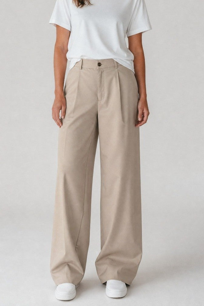 Beige pleated wide leg pants