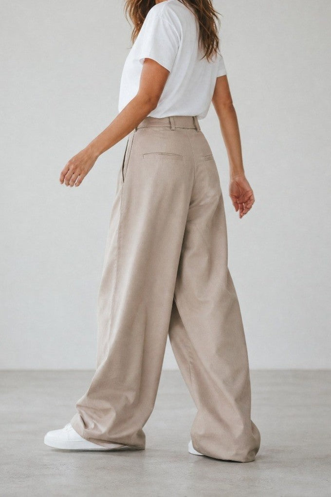 Beige pleated wide leg pants