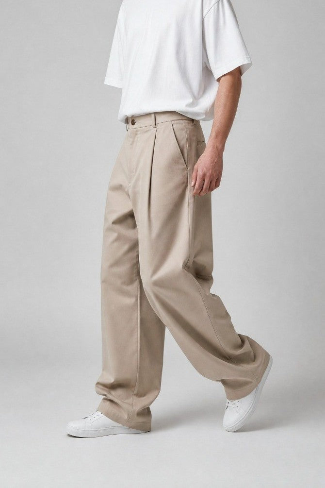 Beige pleated wide leg pants